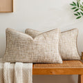 a moment Khaki Reversible Pillow Covers 2 Pack - Farmhouse Chenille Throw Pillows, Neutral Textured Decorative Throw Pillow Covers with Border for Couch Sofa Bed (12x20 Inch, No Insert)