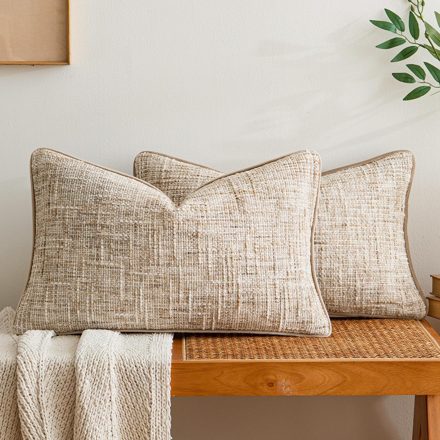 a moment Khaki Reversible Pillow Covers 2 Pack - Farmhouse Chenille Throw Pillows, Neutral Textured Decorative Throw Pillow Covers with Border for Couch Sofa Bed (12x20 Inch, No Insert)