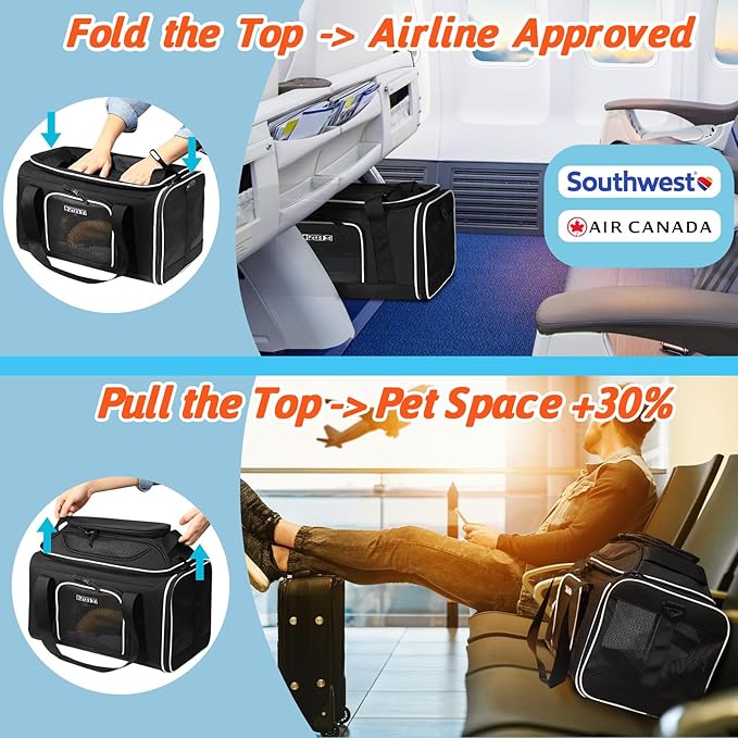 Petskd Top-Expandable Pet Carrier 18x13x9.5 Inches Southwest Airline Approved, Soft-Sided Carrier for Small Cats and Dogs with Locking Safety Zippers and Anti-Scratch Mesh(Black)