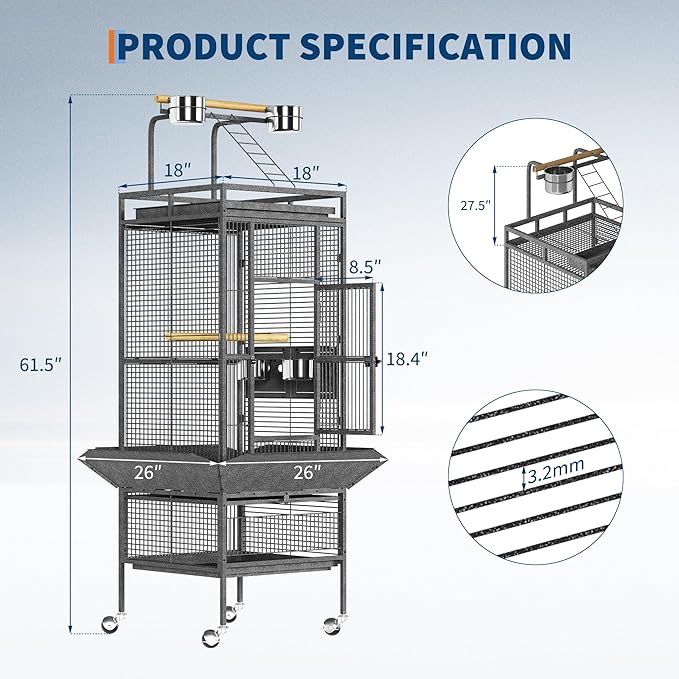 61-Inch Large Parrot Bird Cages with Rooftop Playground, Rolling Caster Wheels, Wrought Iron Birdcage for Small Medium Parrots, Macaws, Cockatoos – Indoor/Outdoor Use for Homes, Aviaries