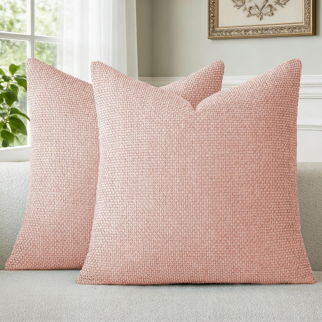 a moment Pink Chenille Throw Pillow Covers 16x16 Inch Pack of 2 Modern Decorative Throw Pillow Covers Farmhouse Cross Covers Home Decor for Sofa Bedroom Living Room