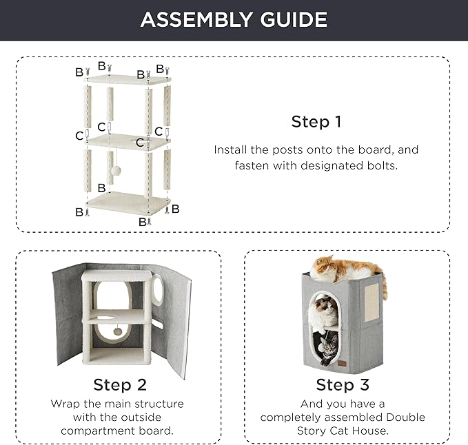 Bedsure 2 Story Cat House - Cat Condos for Indoor Cats with Scratch Pad and Fluffy Ball Hanging, Small Pet Cave Furniture Hideaway for Multi Pets, 18x14x23 inches, Grey