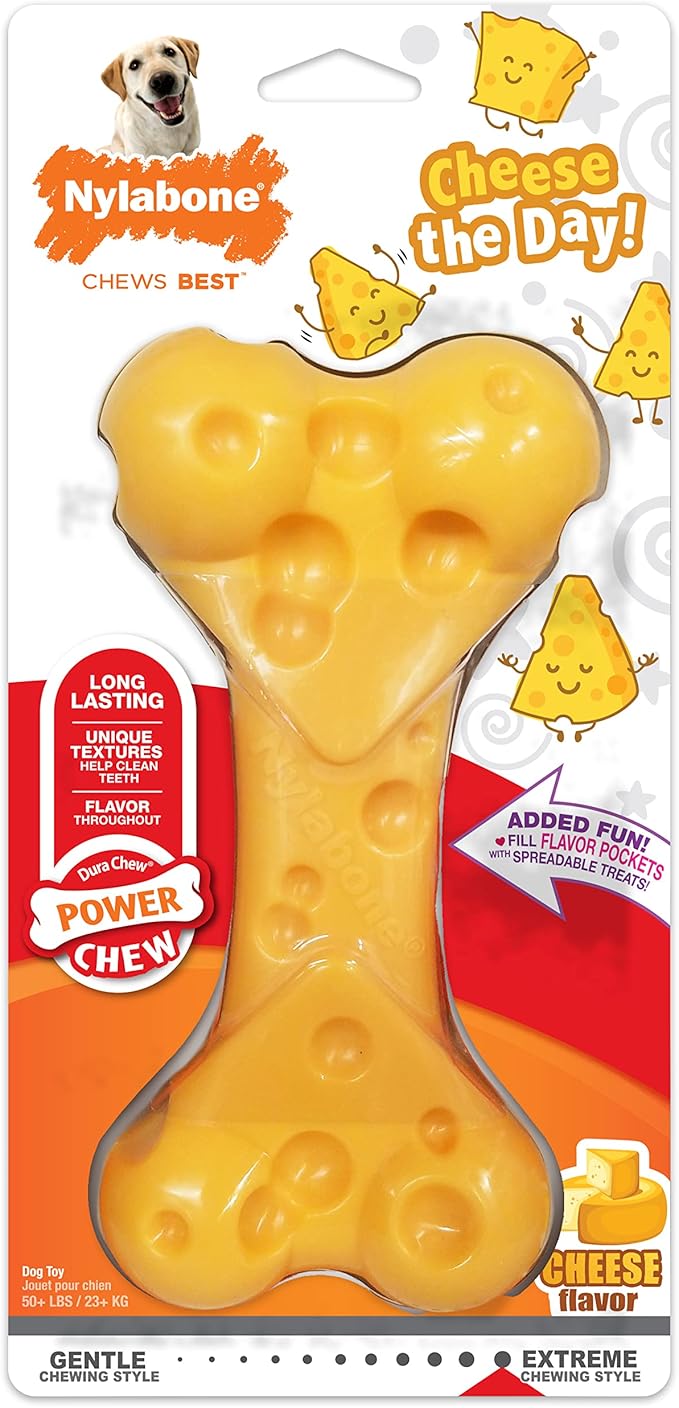 Nylabone Cheese Bone Power Chew Toy for Dogs, Cute Dog Toys for Aggressive Chewers, Cheese Flavor, X-Large Dogs - 50+ lbs, 1 Count