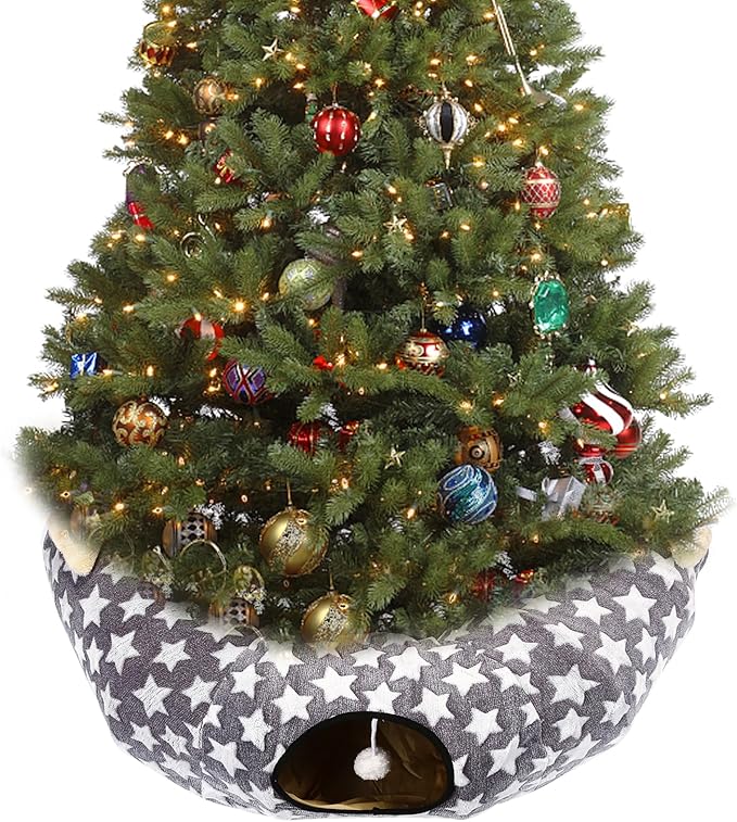 LUCKITTY Large Cat Tunnel Bed Under Christmas Tree with Fluffy Toy Balls, Small Cushion and Flexible Design- 10 inch Diameter, 3 ft Length- Great for Cats, and Small Dogs, Gray Star Pattern