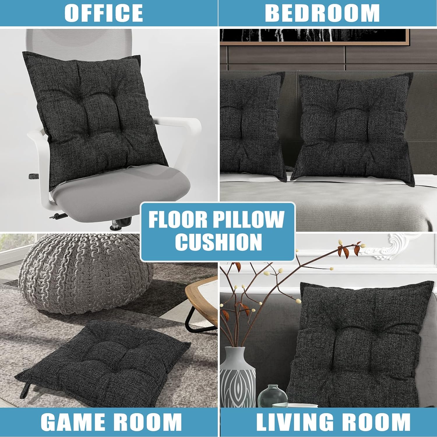 SINSOSSO Large Floor Pillow 22", Thickened Bite-Size Memory Foam Square Non-Slip Cushion for Office Back Support/Indoor Yoga/Chair Seat, Fashionable Color-Blocked Fabric & Washable, Black, 1 PCS