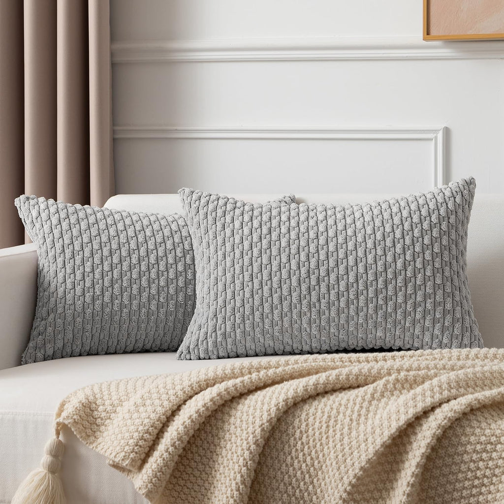 Kevin Textile 12x20 Inch Pillow Cover 1 Pack Boho Decorative Soft Striped Corduroy Lumbar Farmhouse Solid Color Accent Rectangle Cushion Case for Living Room Couch Sofa Bed, Light Grey