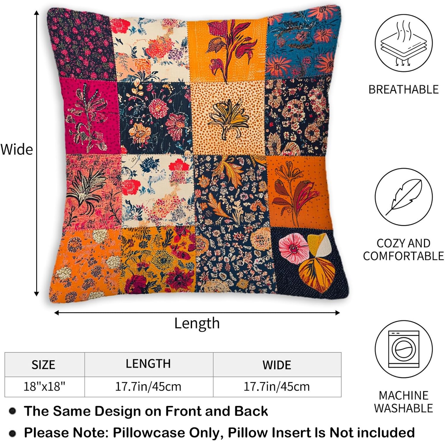 Throw Pillow Covers 18x18 Set of 2, Patchwork Cushion Covers, Decorative Square Pillowcases for Couch, Bedroom, Living Room