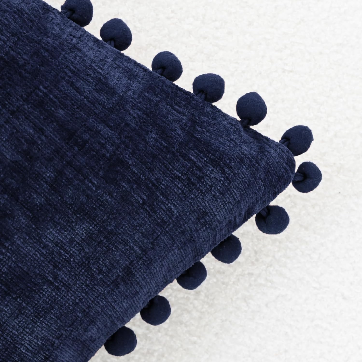 CaliTime Throw Pillow Covers Decorative 22 X 22 Inches Pack of 2 Cozy Solid Dyed Soft Chenille Cushion Cases with Pom Poms for Couch Sofa Bed Living Room Home Navy Blue