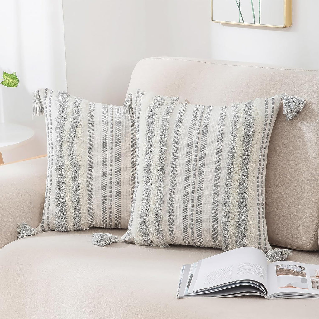 decorUhome Decorative Boho Throw Pillow Covers 18x18 Set of 2, Accent Neutral Textured Tufted Pillow Covers Striped for Couch Bed Sofa Living Room, Grey and Cream White