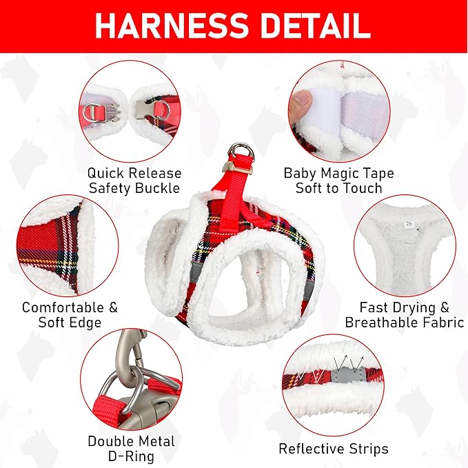 GAMUDA Small Dog Harness Collar and Leash Set, Step in No Chock No Pull Soft Mesh Adjustable Dog Vest Harnesses Plaid Reflective for Dogs Puppy Cats Kitten Rabbit (Warm Red, S)