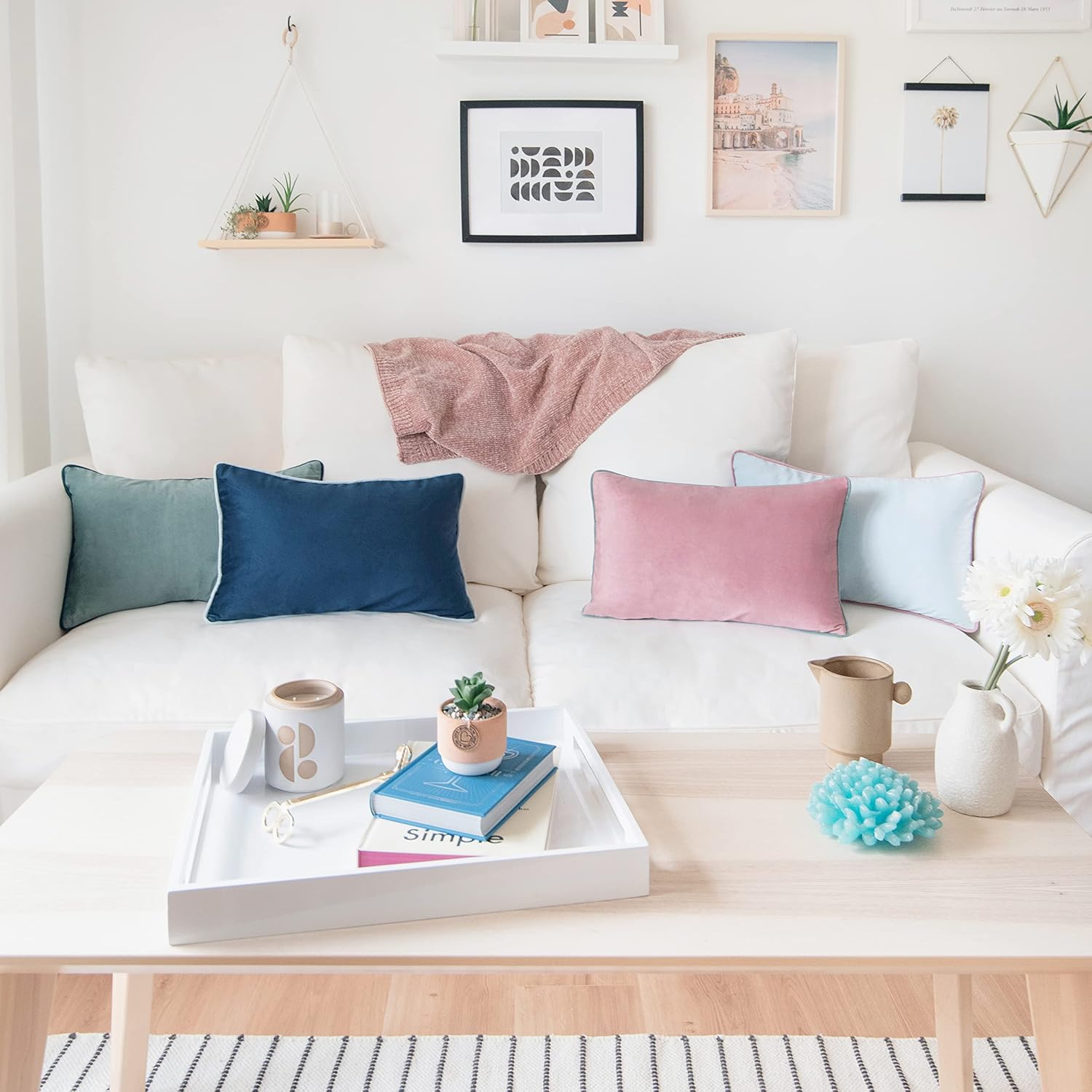 MONDAY MOOSE Decorative Throw Pillow Covers Cushion Cases, Set of 4 Soft Velvet Modern Double-Sided Designs, Mix and Match for Home Decor, Pillow Inserts Not Included (12x20 inch, Pink/Blue)