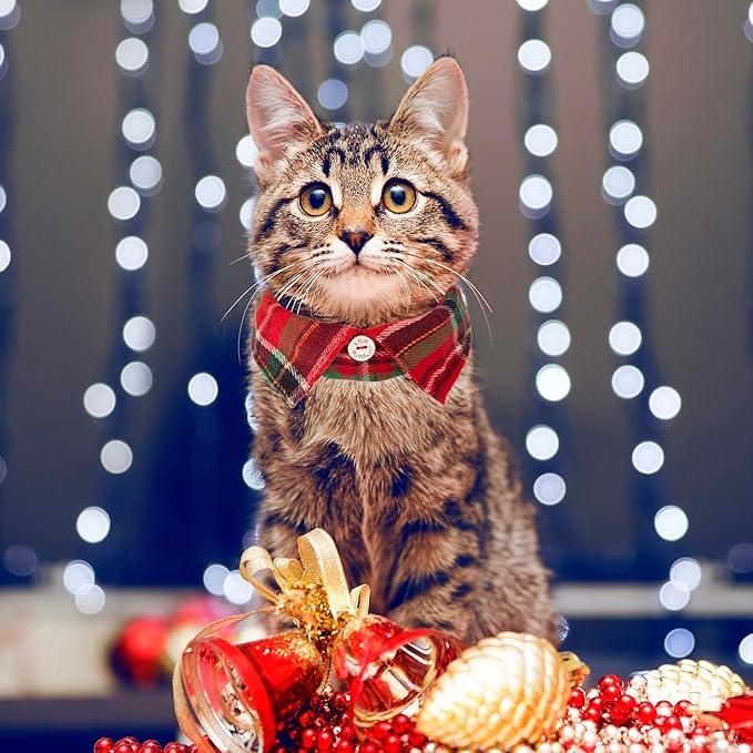 ADOGGYGO Christmas Cat Collars Breakaway with Bow Bell, 2 Pack Stylish Red Green Plaid Xmas Kitten Collar with Removable Shirt Collar, Plaid Christmas Collars for Cats Kittens