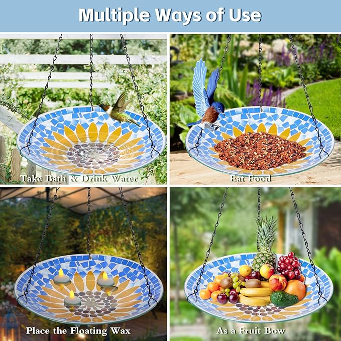 MUMTOP Mosaic Hanging Bird Bath-Bird Baths for Outdoors - 12 Inch Glass Birdbath Bird Water Bowl Bird Feeders for Outside, Garden, Lawn Yard Decor（Sunflower）