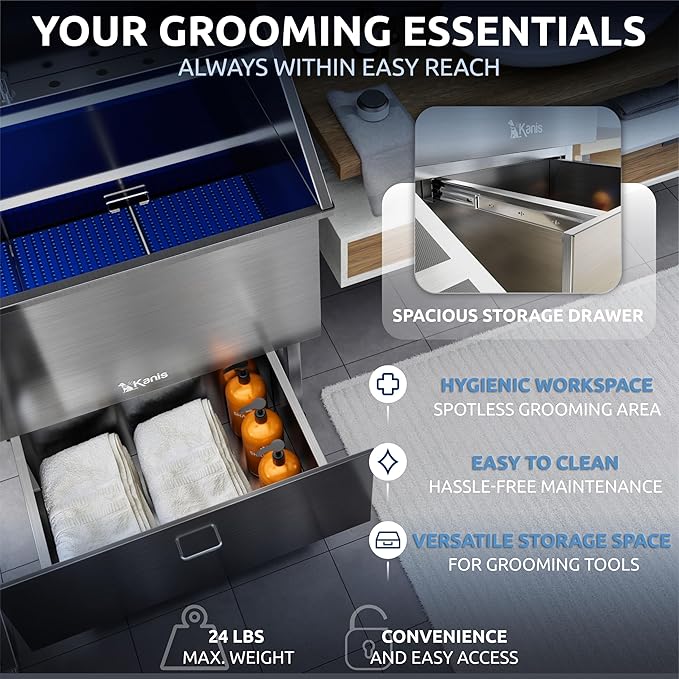 KANIS Professional Dog Washing Station - 304 Stainless Steel Pet Wash Sink & Grooming Bath Tub for Home with Ramp, Shower, Floor Grate, Storage Drawer, Faucet, Drain Kit for Large, Medium & Small Pets