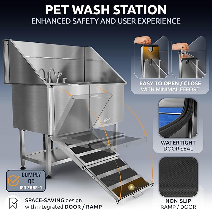 KANIS Professional Dog Washing Station - 304 Stainless Steel Pet Wash Sink & Grooming Bathtub w/Shower, Floor Grates and Storage for Large, Medium & Small Pets (50", Shelf - Left Ramp)
