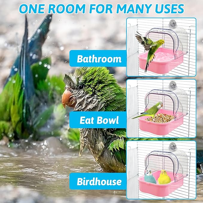 Tfwadmx Bird Cage Bath Hanging Parrot Bath Tub Water Shower Food Feeder Holder Tray Bird Bath Supplies for Small Birds Canary Budgies Cockatiel Lovebirds (Pink)