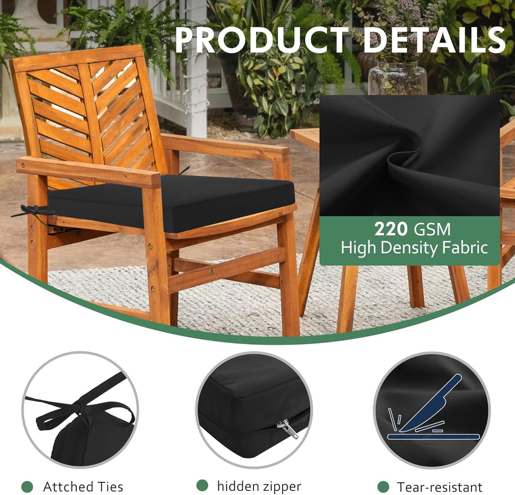 Outdoor Chair Cushions Set of 2: Waterproof & Color Fastness Seat Cushion for Patio Furniture - 22 x 22 x 3 Inch Chair Pads with Ties and Hidden Zipper - Patio Chair Cushion Replacement, Black