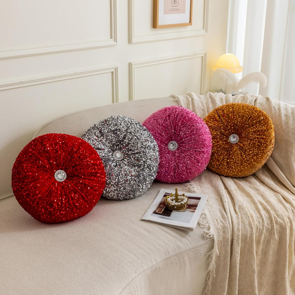 Round Throw Pillow, 13.7" Soft Glitter Sequin Pleated Pumpkin Decorative Round Pillow Circle Floor Pillow Cushions for Sofa Bed Chair Living Room Floor Home Decoration, Silver