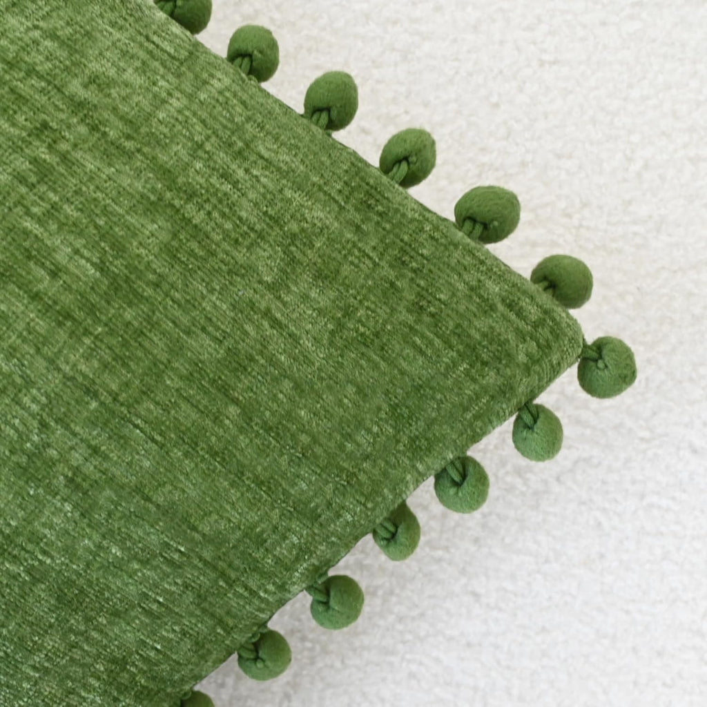 CaliTime Throw Pillow Covers Decorative 18 X 18 Inches Pack of 2 Cozy Solid Dyed Soft Chenille Cushion Cases with Pom Poms for Couch Sofa Bed Living Room Home Forest Green
