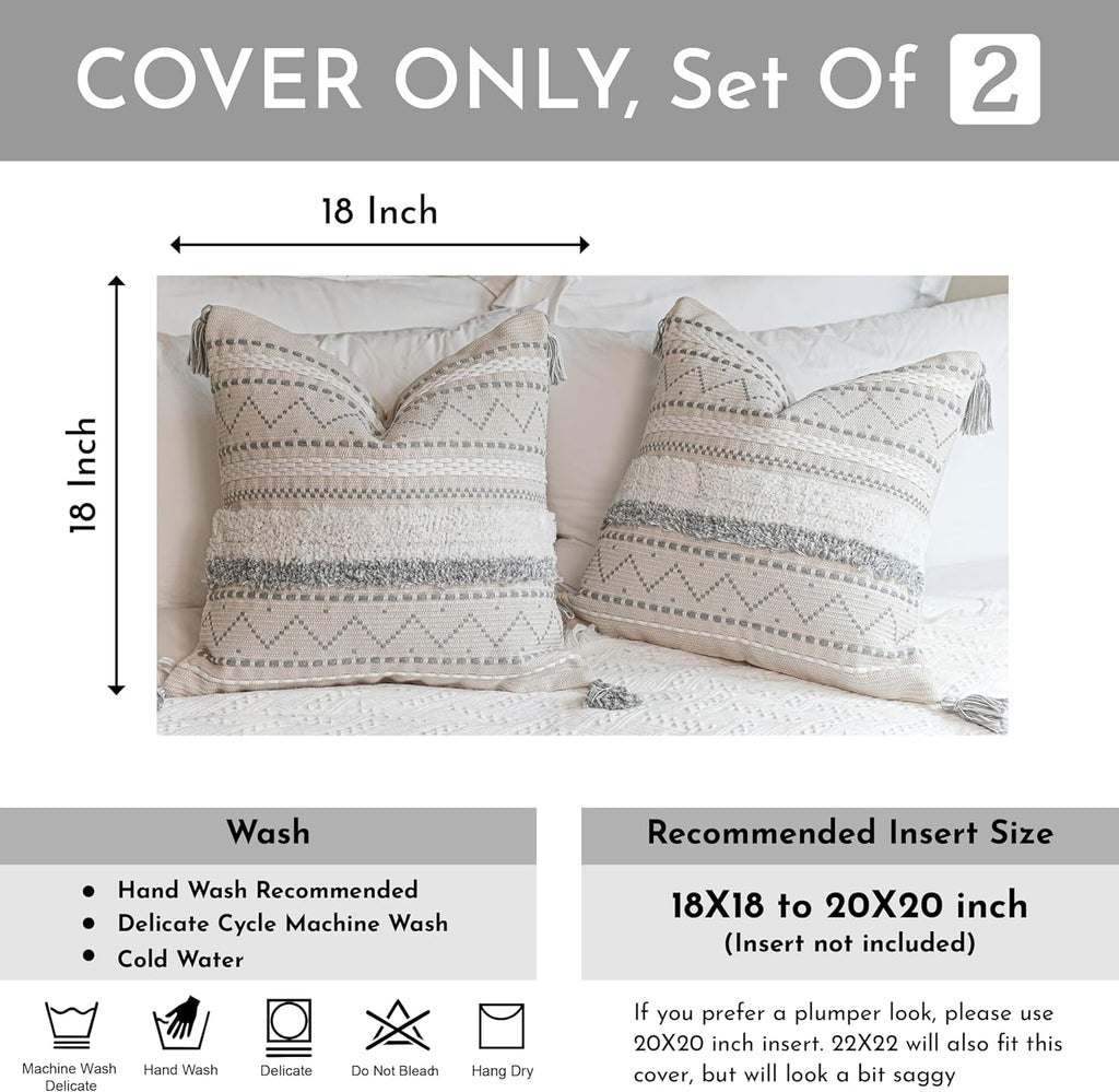 BlissBlush Gray Decorative Throw Pillow Cover 18X18 Combo Set of 2 Square Boho Neutral Grey Accent Pillowcase Tassels Farmhouse Cushion for Couch Sofa Bedroom Living Room Home Décor Cover ONLY