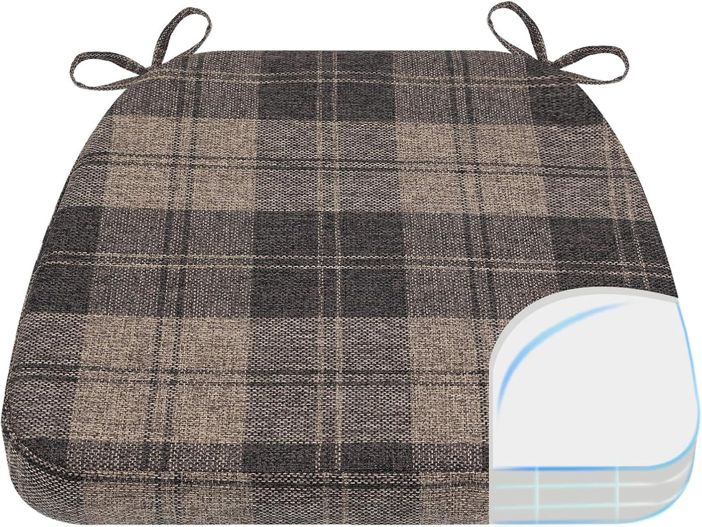AAAAAcessories D-Shaped Chair Cushions, 2" Thick Dining Chair Pads with Ties and Removable, Machine-Washable Cover, 17" x 16", Brown Checkered