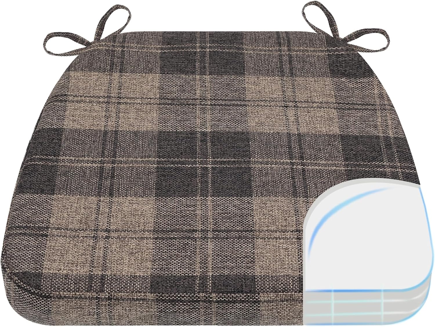 AAAAAcessories D-Shaped Chair Cushions, 2" Thick Dining Chair Pads with Ties and Removable, Machine-Washable Cover, 17" x 16", Brown Checkered