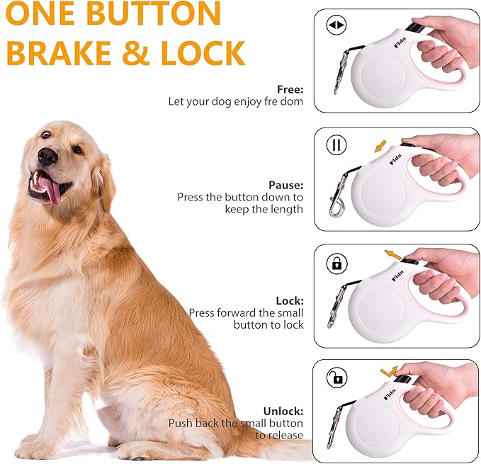Fida Retractable Dog Leash for Small Breed up to 26 lbs, 16 ft Pet Walking Leash with Dispenser and Poop Bags, Anti-Slip Handle, Reflective Strong Nylon Tape, One-Handed Brake (S, White & Pink)