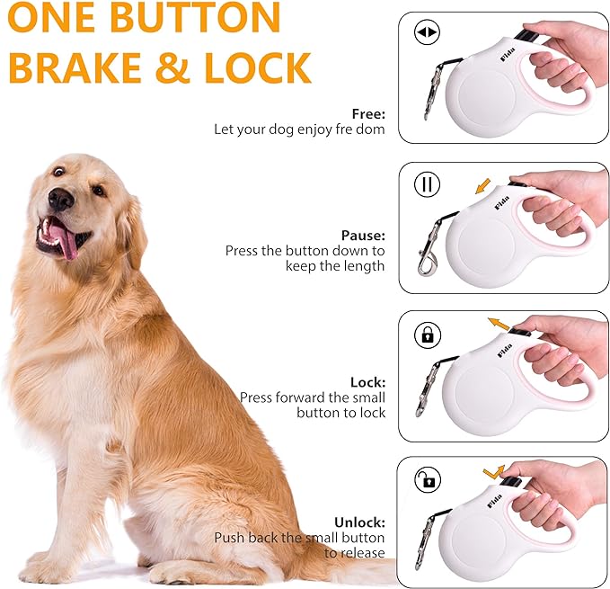 Fida Retractable Dog Leash with Dispenser and Poop Bags, 10 ft Pet Walking Leash for X-Small Dog or Cat up to 18 lbs, Anti-Slip Handle, Tangle Free, Reflective Nylon Tape (XS, White)