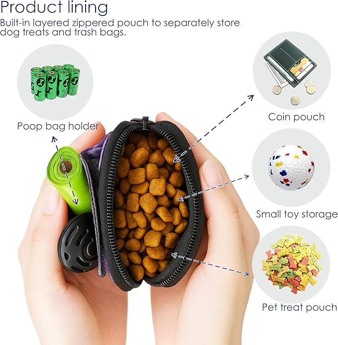 Dog Treat Pouch for Pet Walking and Training with Clicker Poop Bags and Double Bag Design Small Fanny Zipper Pack Holder for Puppy Snack Dispenser Kit for Leash and Outdoor Use (NM-Purple,)