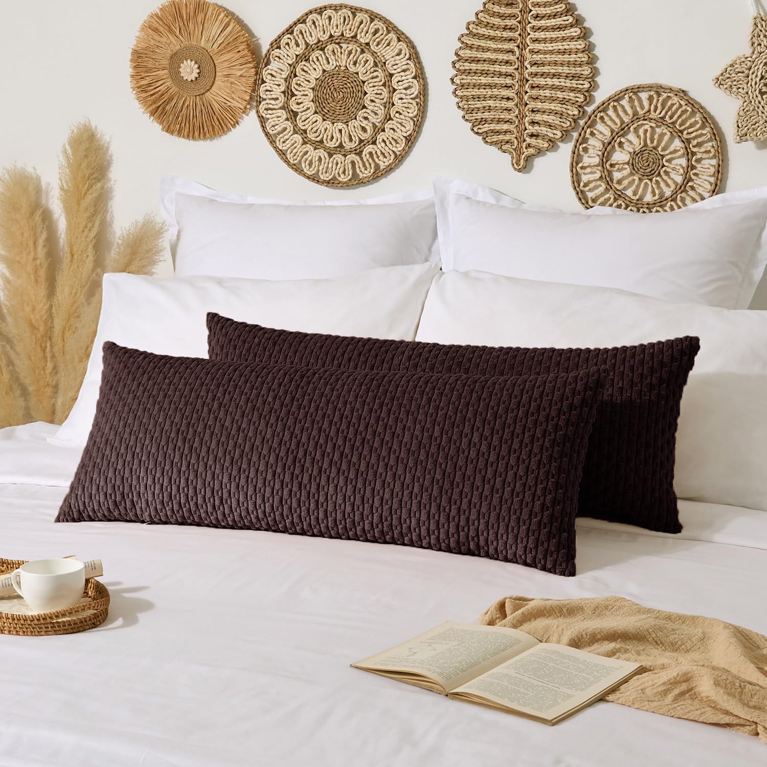 Kevin Textile 20x54 Inch Long Body Lumbar 1 Pack Boho Decorative Throw Pillow Cover Soft Striped Corduroy Rectangle Cushion Case Farmhouse Accent for Living Room Couch Sofa Bed, Coffee