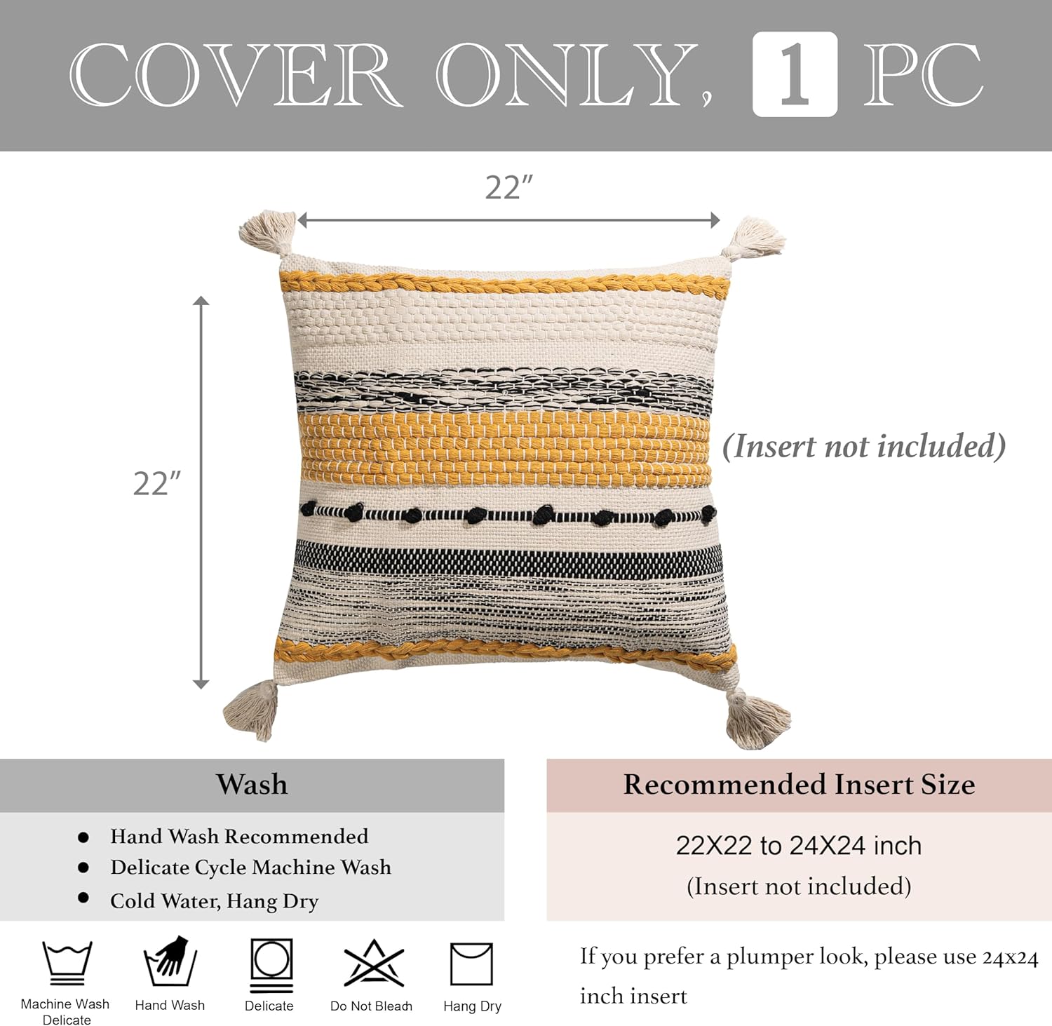 BlissBlush Fall Boho Decorative Throw Pillow Cover 22x22 Square Yellow Mustard Accent Pillowcase Tassels Farmhouse Cushion for Couch Sofa Bedroom Living Room Home Décor Cover ONLY (Pack of 1)