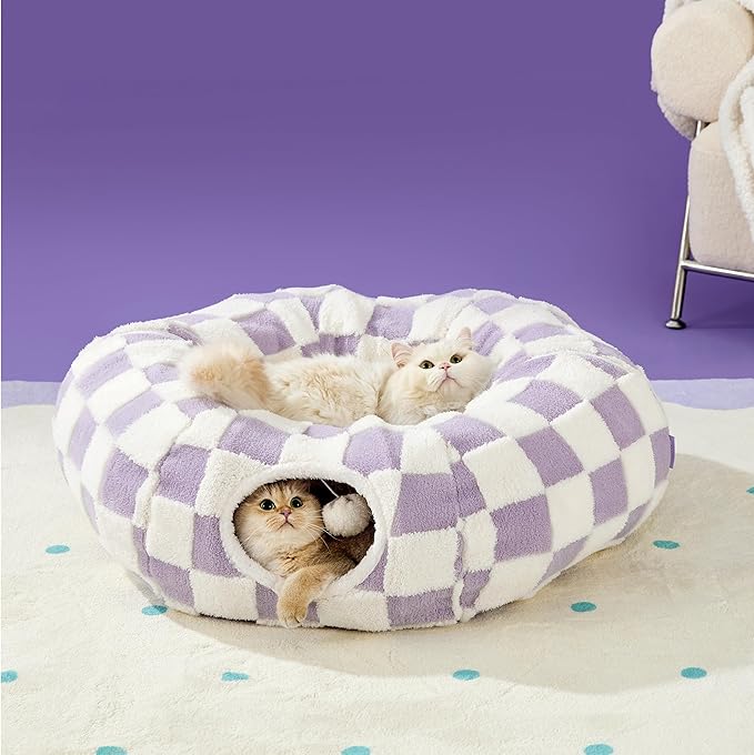 Lesure Cat Tunnel Bed for Indoor Cats - Cute Cat Donut Tunnel Toys for Small Large Cats with Washable Circle Cushion, Round Pet Peekaboo Cave Toy for Kitten/Puppy/Rabbit, Standard Purple