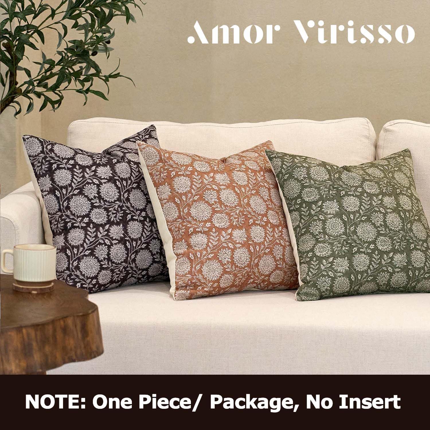 Amor Virisso Floral Throw Pillow Covers 18x18 Block Print Pillow Covers Vintage Neutral Couch Pillows for Living Room Farmhouse Decorative Accent Sofa Pillows, Brownish Orange