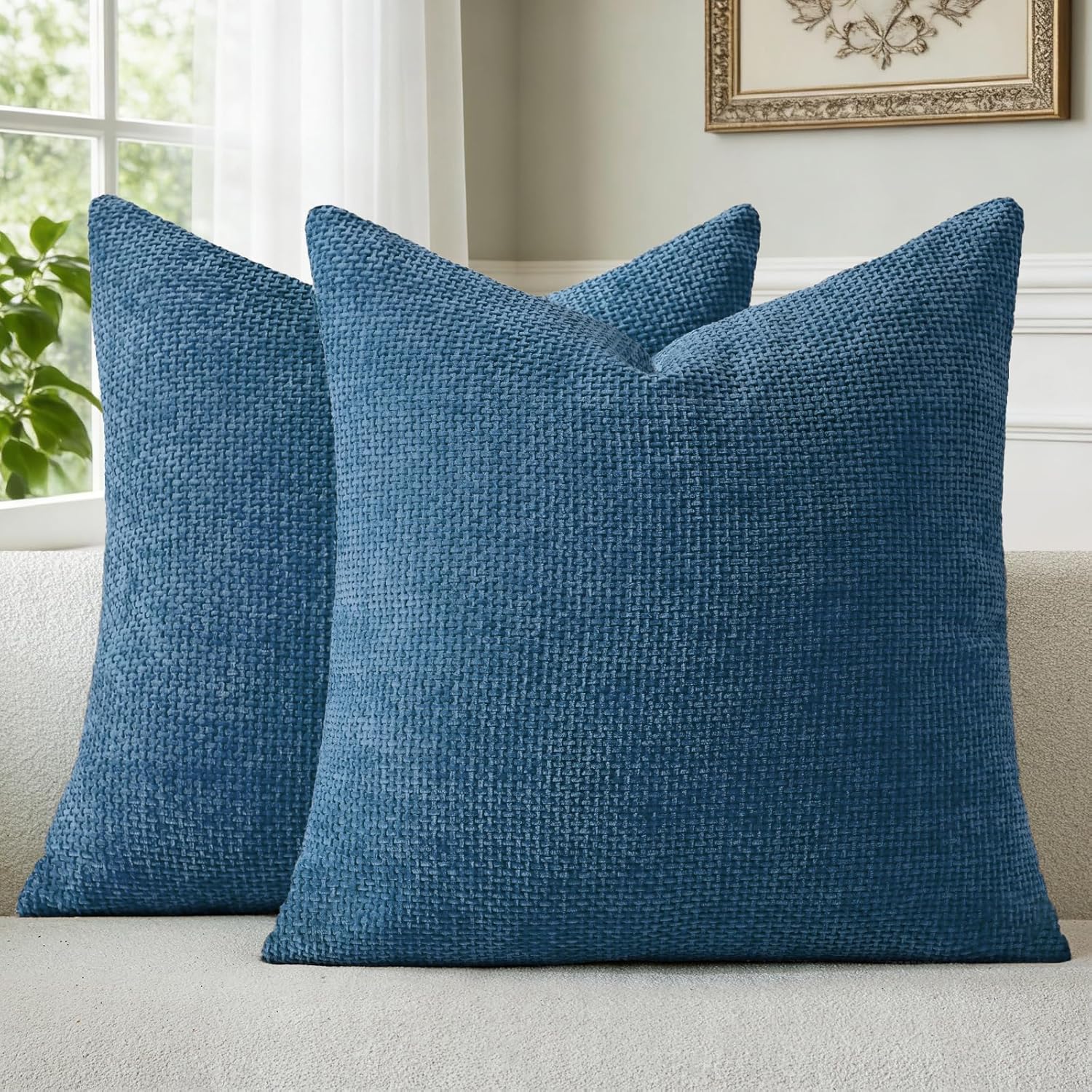 a moment Ocean Blue Chenille Throw Pillow Covers 18x18 Inch Pack of 2 Modern Decorative Throw Pillow Covers Farmhouse Cross Covers Home Decor for Sofa Bedroom Living Room