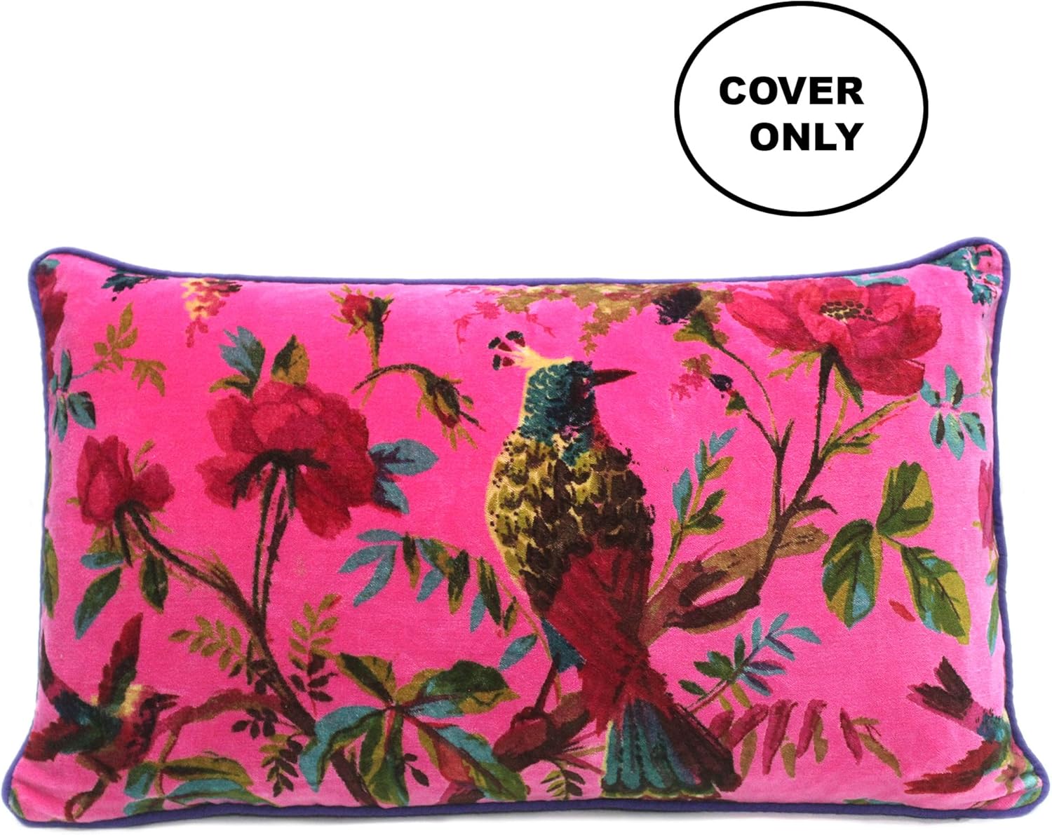 Eyes of India Velvet Floral Flower Bird Throw Pillow Sofa Cushion Cover Case Couch Colorful Boho Chic Bohemian Accent Indian Handmade (Pink, 20" x 12")