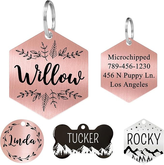 Ultra Joys Stainless Steel Dog ID Tag Personalized Front & Back Engraving, Customized Dog & Cat Tags Optional Both Sides, Hexagon Tag Vine Design, Rose Large