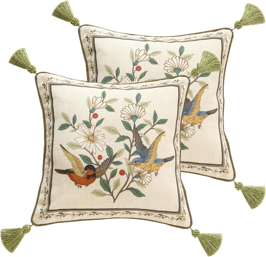 ISAENNE Design Square Bird Floral Linen Throw Pillow Covers 18"x18" Pack of 2, White Simple Elegant Daisy Pattern Cushion Covers Decor Pillowcases for Bed,Living Room,Outdoor,Car