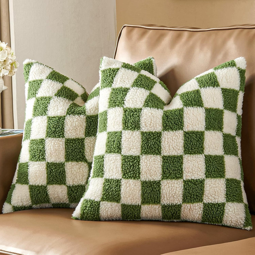 AmHoo Pack of 2 Decorative Throw Pillow Covers Checkerboard Luxury Super Soft Faux Fur Wool Set Case Cushion for Couch Sofa Bedroom 26 x 26-Inch Sage Green