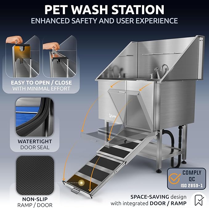 KANIS Professional Dog Washing Station - 304 Stainless Steel Pet Wash Sink & Grooming Bathtub w/Shower, Floor Grates and Storage for Large, Medium & Small Pets (40", Shelf - Right Ramp)