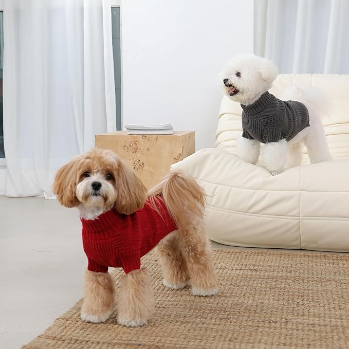 Dog Medium Sweater, Winter Christmas Sweater for Dogs, Solid Color Classic Cable Knit Clothes for Cold Weather, Warm Turtleneck Knitwear Short Sleeves for Outdoor Playing