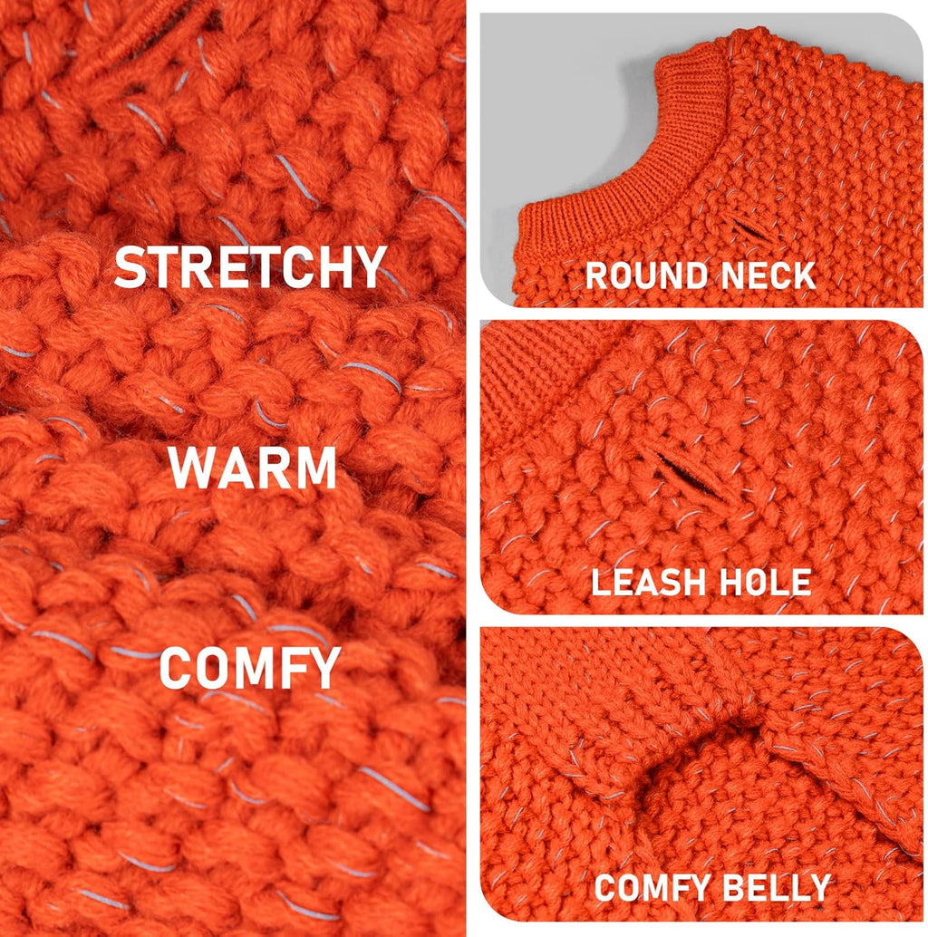KYEESE Dog Sweater for Large Dogs with Leash Hole Warm Pullover with Reflective Yarn Male Thick Stretchy Knitwear Winter Soft Pet Coat boy for Cold Weather Comfy Dog Sweaters,Orange,XXX-Large