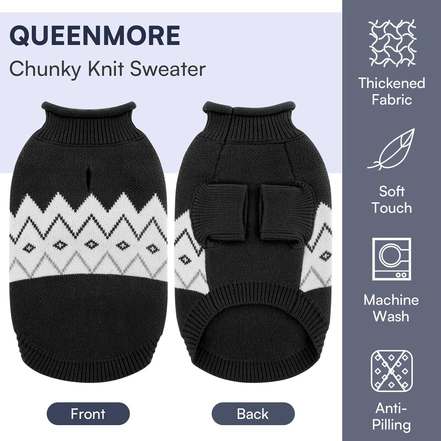 Queenmore Warm Dog Sweater, Soft Pet Knitwear, Knitted Pullover, Winter Pet Clothes for Small Medium Dogs Cats Black