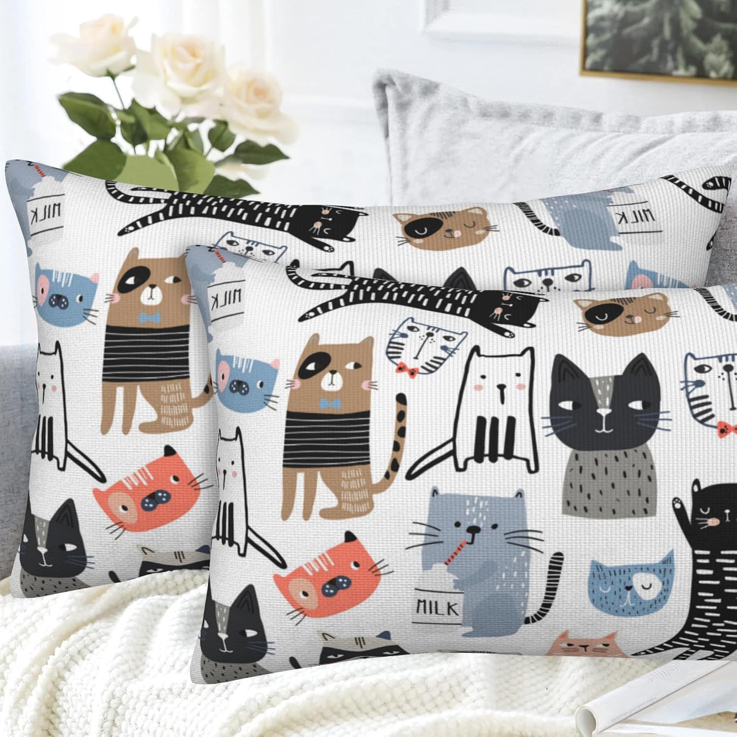 Throw Pillow Cover Case Funny Cats Pillow Covers 20x12 Inch Set of 2,Soft Decorative Throw Pillow Case for Living Room Bedroom Sofa Couch Cushion Covers