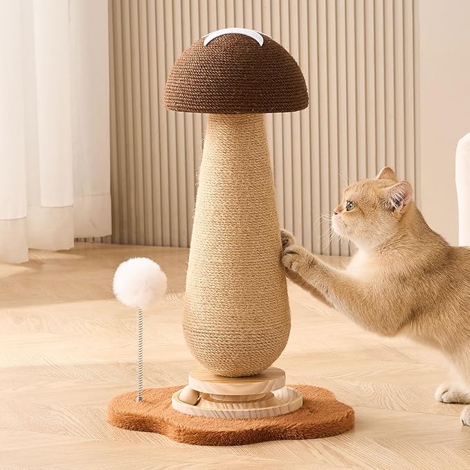 21.5‘’ H Cat Scratching Post with Catnip,Cute Mushroom Cat Scratcher Post with Durable Natural Solid Wood Turntable Toy,Acorn Brown Mushroom Shape Cat Toy Cat Sisal Scratcher for Indoor Cats