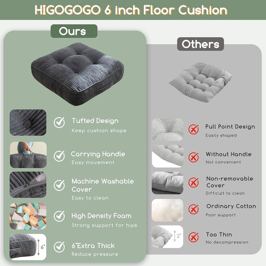 6" Washable Floor Pillow Cushion for Adults, Meditation Cushion Pillow, Large Square Floor Sitting, Removable Tufted Corduroy Cover, for Tatami Living Room or Yoga, 22x22 Inch, Machine Washable