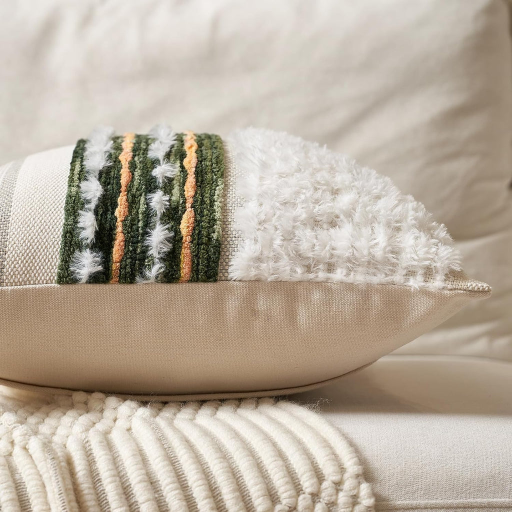 Aeckself Boho Chenille Tufted Throw Pillow Covers 18x18 Inch Set of 2, Farmhouse Decorative Striped Square Pillow Covers Accent Neutral Pillowcase for Living Room Couch Bed, Green