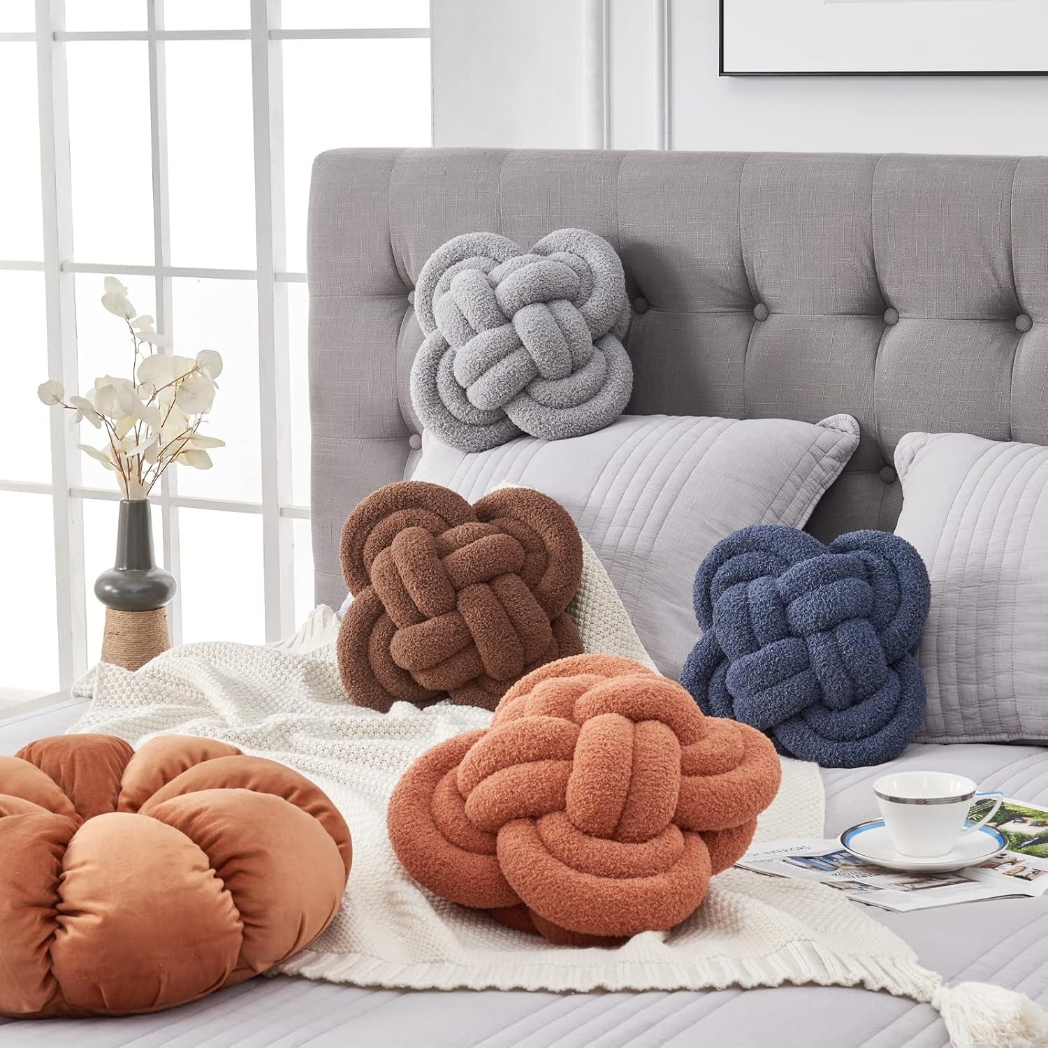 Xiashrk Knot Pillow Ball, 12" Soft Decorative Throw Pillows for Couch Bed, Navy Blue Knotted Plush Throw Pillow Handmade Square Cushion Home Couch Decor Pillows for Living Room