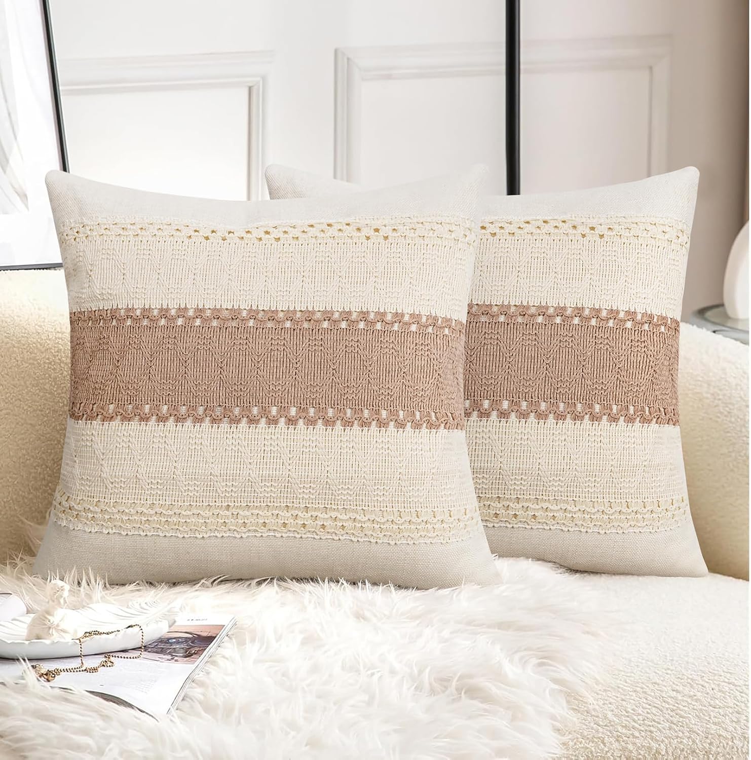 Pyonic Pack of 2 Boho Throw Pillow Covers 18x18 Inch Farmhouse Decorative Throw Pillows for Bed Sofa Living Room,Gray Modern Cushion Cover Couch Pillows Cover Home Decor