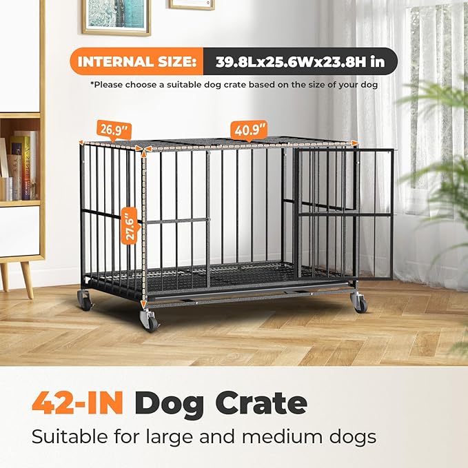 42 in Heavy Duty Dog Crate Steel Escape Proof, Indoor Double Doors and Lockable Wheels,Removable Tray, for Medium and Large Large Dog Breeds,XL