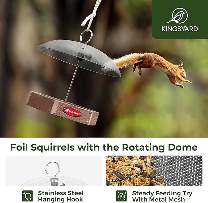Kingsyard Large Platform Bird Feeder Outdoor Hanging, Adjustable Dome Squirrel Proof Rain Cover, Metal Mesh Tray Recycled Plastic Wild Bird Seed Feeding Station, Brown